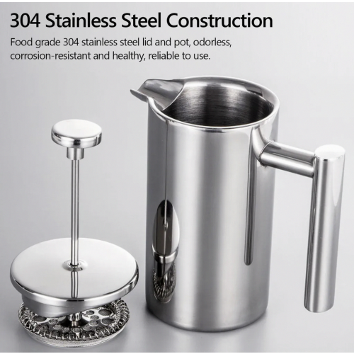 Cafetera de émbolo de 1000 ml, acero inoxidable, cafetera con doble pared aislada. 2
