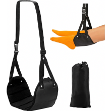 Reposapiés tipo hamaca para avión. Accesorio de viaje plegable con bolsa de almacenamiento. Proporciona relajación y comodidad para vuelos largos.