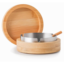 Ashtray with lid, outdoor ashtray, windproof outdoor ashtray, closed, stainless steel, bamboo, retro design, odor-proof for home, office, balcony, lar