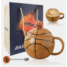 Basketball Mug, 400ml Ceramic Basketball Mug, Basketball Gift Coffee Mug, with Lid and Spoon, Ceramic Basketball Mug for Boys, Girls, Basket