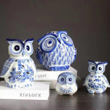 (Small) Jingdezhen Blue and White Porcelain Owl Figurine, New Chinese Style Ceramic Animal Sculpture, Home Decor Birthday Gift