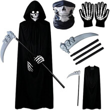 Halloween Grim Reaper Costume Set Hooded Robe Cloak Scythe Mask Gloves