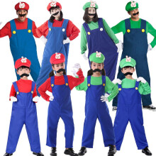 (green, 140cm) Halloween Plumber Costume Kids Adults Cosplay Red Green Overalls Family Set