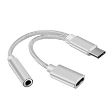 (Silver) Type-C to 3.5mm Audio Adapter 2-in-1 Braided AUX Charging Cable for Android Phone