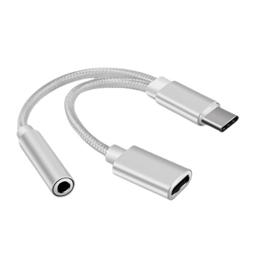 (Black) Type-C to 3.5mm Audio Adapter 2-in-1 Braided AUX Charging Cable for Android Phone