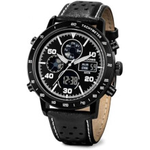 (Retro Schwarz) PINDOWS Men's Watch Digital Analog Dual Display Multifunction Sport Casual Luminous Alarm Stopwatch Splash Resistant