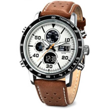 (Retro Braun-weiß) PINDOWS Men's Watch Digital Analog Dual Display Multifunction Sport Casual Luminous Alarm Stopwatch Splash Resistant