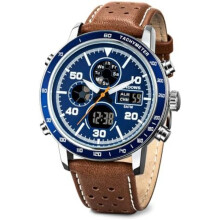 (Retro Braun Blau) PINDOWS Men's Watch Digital Analog Dual Display Multifunction Sport Casual Luminous Alarm Stopwatch Splash Resistant