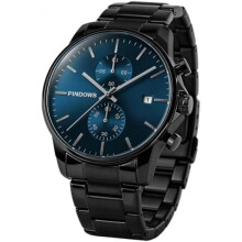 (654n2: Blau-schwarz) PINDOWS Men's Black Watch Minimalist Stainless Steel Chronograph with Date Business Casual Quartz Wristwatch