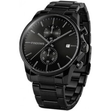 (654n1: Schwarz) PINDOWS Men's Black Watch Minimalist Stainless Steel Chronograph with Date Business Casual Quartz Wristwatch