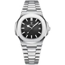 (Silber, Schwarz, Größe S) Poedagar Men's Square Quartz Watch Business Stainless Steel Band Luminous Waterproof Date Classic Blue Dial