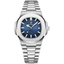 (Silber, Blau, Größe S) Poedagar Men's Square Quartz Watch Business Stainless Steel Band Luminous Waterproof Date Classic Blue Dial