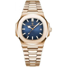 (Roségold, Blau, Größe S) Poedagar Men's Square Quartz Watch Business Stainless Steel Band Luminous Waterproof Date Classic Blue Dial