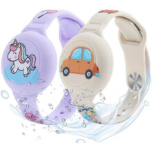 (Beige Auto + Lila Pferd) MIRPARVA Kids AirTag Wristband - Waterproof Silicone Hidden Case, Anti-Lost GPS Bracelet for Toddlers & Adults, Donut Purple