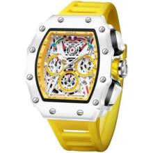 (Gelb) FORSINING Men's Watch Rectangular Big Dial Fashion Quartz Silicone Band Casual Chronograph Waterproof Military Wristwatch