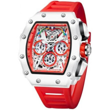 (Rot) FORSINING Men's Watch Rectangular Big Dial Fashion Quartz Silicone Band Casual Chronograph Waterproof Military Wristwatch