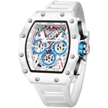 (Weiß) FORSINING Men's Watch Rectangular Big Dial Fashion Quartz Silicone Band Casual Chronograph Waterproof Military Wristwatch