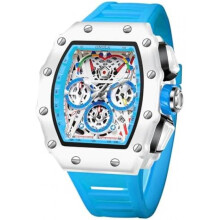(Blau) FORSINING Men's Watch Rectangular Big Dial Fashion Quartz Silicone Band Casual Chronograph Waterproof Military Wristwatch