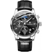 (Black) LIGE Men's Vintage Watch Leather Strap 3ATM Waterproof Analog Moon Phase Chronograph with Date
