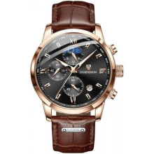 (Schwarzbraun) LIGE Men's Vintage Watch Leather Strap 3ATM Waterproof Analog Moon Phase Chronograph with Date