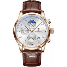 (Brown White) LIGE Men's Vintage Watch Leather Strap 3ATM Waterproof Analog Moon Phase Chronograph with Date