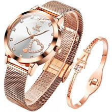 (5189: Weiß) OLEVS Women's Watch Rose Gold Heart Diamond Black White Dial Quartz Waterproof Bangle Bracelet Set Wristwatches for Ladies