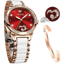 (6631 Rot) OLEVS Women's Watch Rose Gold Heart Diamond Black White Dial Quartz Waterproof Bangle Bracelet Set Wristwatches for Ladies