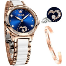 (6631 Blau) OLEVS Women's Watch Rose Gold Heart Diamond Black White Dial Quartz Waterproof Bangle Bracelet Set Wristwatches for Ladies