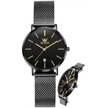 (Mesh Strap Watch Black) OLEVS Women's Watch Rose Gold Heart Diamond Black White Dial Quartz Waterproof Bangle Bracelet Set Wristwatches for Ladies