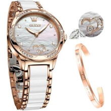(6631 Weiß) OLEVS Women's Watch Rose Gold Heart Diamond Black White Dial Quartz Waterproof Bangle Bracelet Set Wristwatches for Ladies