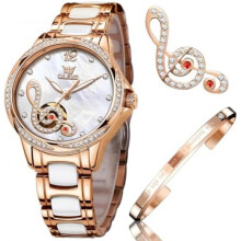 (6656 Weiß) OLEVS Women's Watch Rose Gold Heart Diamond Black White Dial Quartz Waterproof Bangle Bracelet Set Wristwatches for Ladies