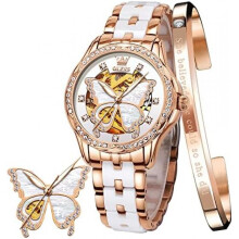 (6622: Perlmutt) OLEVS Women's Watch Rose Gold Heart Diamond Black White Dial Quartz Waterproof Bangle Bracelet Set Wristwatches for Ladies