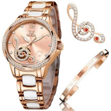 (6656 Rosa) OLEVS Women's Watch Rose Gold Heart Diamond Black White Dial Quartz Waterproof Bangle Bracelet Set Wristwatches for Ladies
