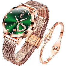 (5189: Grün) OLEVS Women's Watch Rose Gold Heart Diamond Black White Dial Quartz Waterproof Bangle Bracelet Set Wristwatches for Ladies