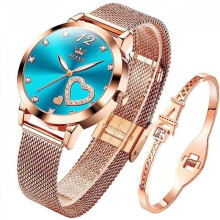 (5189: Blau) OLEVS Women's Watch Rose Gold Heart Diamond Black White Dial Quartz Waterproof Bangle Bracelet Set Wristwatches for Ladies
