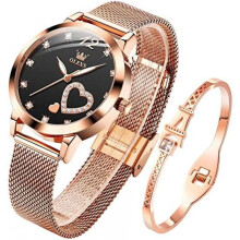 (5189: Schwarz) OLEVS Women's Watch Rose Gold Heart Diamond Black White Dial Quartz Waterproof Bangle Bracelet Set Wristwatches for Ladies