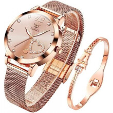(5189: Rosa) OLEVS Women's Watch Rose Gold Heart Diamond Black White Dial Quartz Waterproof Bangle Bracelet Set Wristwatches for Ladies