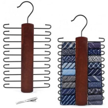 Tie Rack with Tie Clip, 20 Hooks, 360 Belt Holder - Wooden Tie Hanger with Metal Hooks for Ties, Belts & Scarves, Space-Saving in Closet