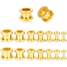 (GOLD 1) Vankula Tunnel Ear Expander Kit 16Pcs Double Flared Plugs 1.4-10mm Stainless Steel Stretching Piercing Set Black Gold Silver