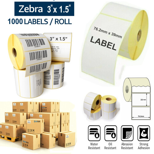 1000 Direct Thermal Labels 76x39mm 25mm Core for Zebra