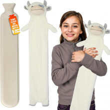 (White) Long Hot Water Bottle with Sherpa Cover 2L