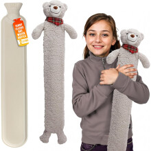 (Grey) Long Hot Water Bottle with Sherpa Cover 2L