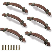6 Pack Vintage Leather Drawer Pulls 128mm Suitcase Cabinet Handles Brown Screws