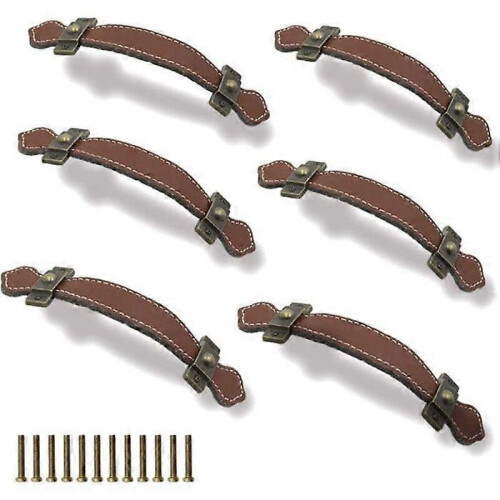 6 Pack Vintage Leather Drawer Pulls 128mm Suitcase Cabinet Handles Brown Screws