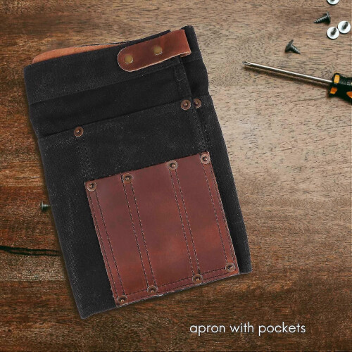 Real Leather Canvas Multi-Pocket Half Apron for Women Waitress Teacher Utility Server 1
