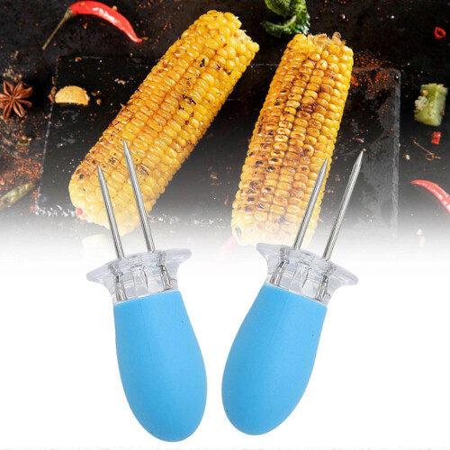 2pk Stainless Steel Corn Cob Skewers BBQ Corn Picks Holder Blue 1
