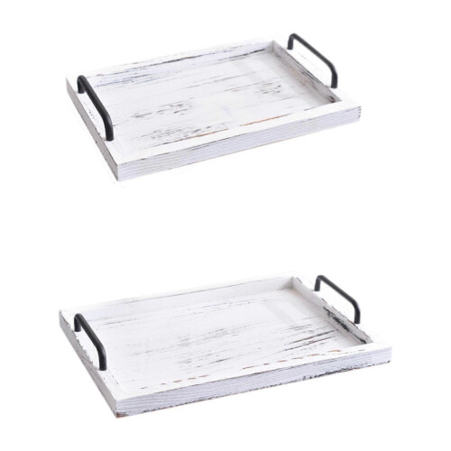 Lot de 2 plateaux de service rustiques vintage, élégants et polyvalents, blancs.