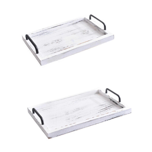 Lot de 2 plateaux de service rustiques vintage, élégants et polyvalents, blancs. 1