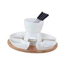 Deluxe Porcelain Ceramic Chocolate Fondue Set with Bamboo Tray and Tealight for Dining white