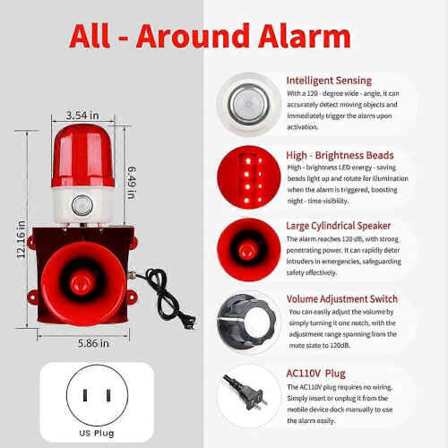 Motion Sensor Alarm Human Detection 120dB Adjustable Siren LED Strobe Light Outdoor Security US Plug 1